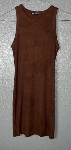 Bershka Brown Ribbed Sleeveless Bodycon Mini Dress - Size Small