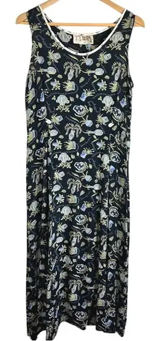 TT Mar Vintage Midi Dress Whimsical Botanical Print Rayon 90s Grunge Grannycore Black Size M