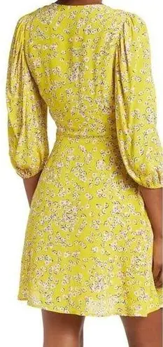 Nicholas Yellow Floral Print Ruched Tie Front Midi Dress Puff Sleeve sz 8 Boho