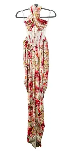 NWT Miss Circle Zarina Lace Floral Corset Satin Gown Maxi Dress Red Women's XS