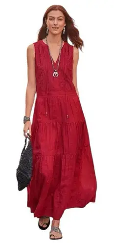 Sundance Dark Red Tassel Embroidered Pleated Elegant Cotton Maxi Dress size XL