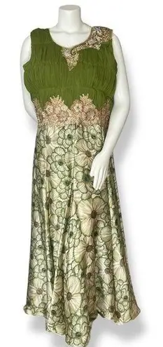 Indian Dress Rhinestones Floral Size XL Green Ruched Top Maxi Floral Embellished