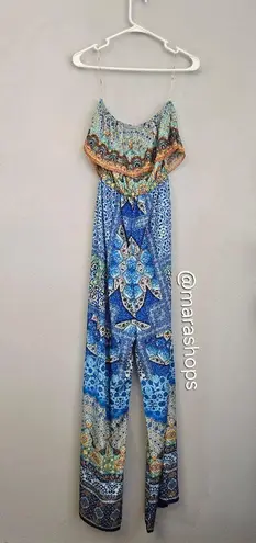 Shahida Parides Strapless Blue Crystal Print Wide Leg Jumpsuit Green Size undefined