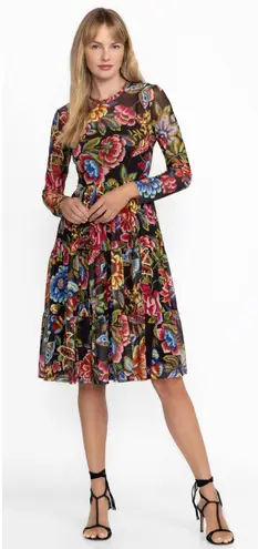 Johnny Was jade Long Sleeved Tiered Midi Dress Black Floral Mesh Large Slip