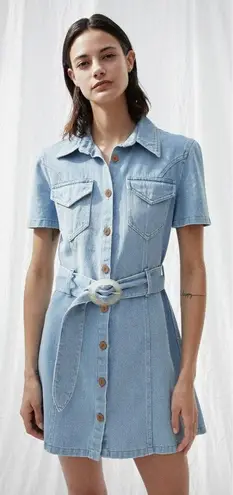 Nanushka Dress Denim Short Sleeve 80s Wash Blue Belted Mini Dress M Size M