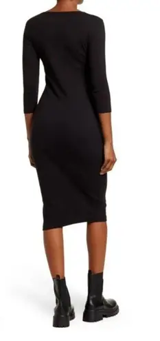 James Perse Ribbed Knit Midi Dress Scoop Neck 3/4 Sleeve Black Sz XS Minimalist