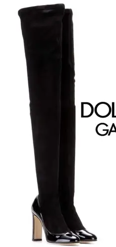 Dolce & Gabbana Round Toe Pump Insert Over The Knee Suede Sock Boots Black Sz 36