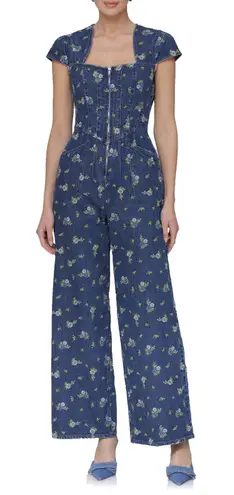 Avec Les Filles New! Floral Cap Sleeve Wide Leg Denim Jumpsuit Floral Sz 8 $249