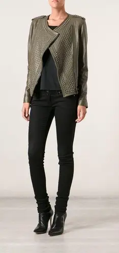 Nour Hammour Erin army green studded leather Biker jacket size FR 36 US 2 4 XS S