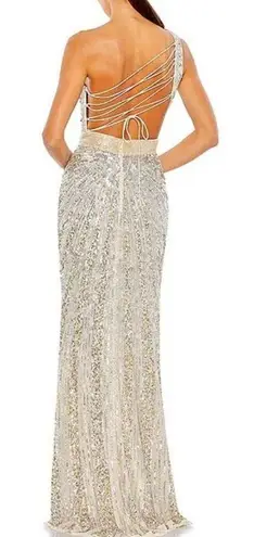 Mac Duggal NWT One Shoulder Lace Up Back Sequin Gown Nude Silver Formal Size 4