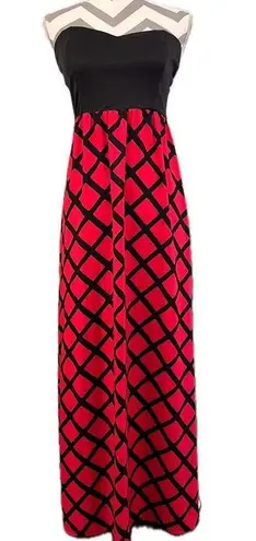 Fascination Red & Black Trellis Print Strapless Maxi Dress - Size M