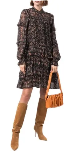 Ulla Johnson Esma Mini Dress Onyx Ikat Size 2 Ruffle Silk Georgette Metallic S