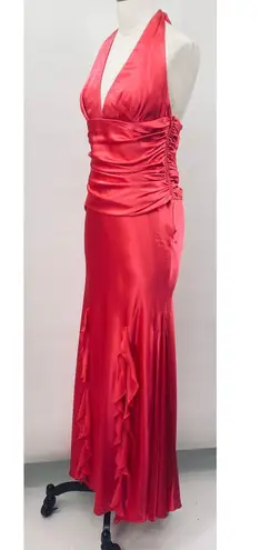 Vintage Y2k Satin Halter Neck Gown Ruched Mermaid Ruffled Slits Coral Hot Pink 4