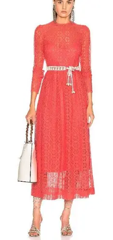 Zimmermann NWT Allia High Neck Lace Dress Coral Pink Crochet Shell Belted Maxi 0