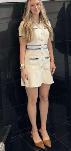 Maje White Blue Tweed Gold Button Details Collared Risal Mini Dress Size 34