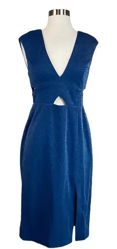 Aidan Mattox Cut Out Midi Sheath Cocktail Dress Blue Size 2 Sleeveless V-Neck