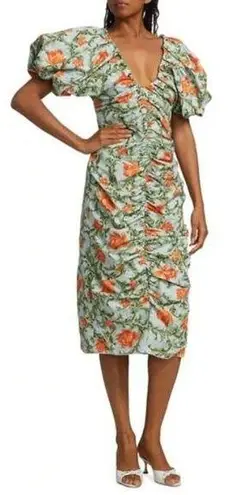 Agua Bendita Agua by Camelia Ruched Puff-Sleeve Midi-Dress Blue Green Women's M