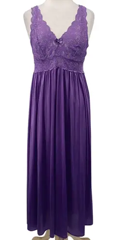 Vintage 80s Lace Bodice Nightgown Nylon Stretchy Full Sweep Shadowline Purple M Size M