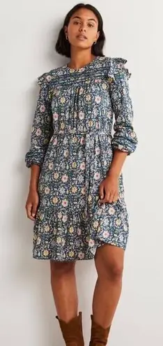 Boden Floral Mini Dress Size 12 Multicolor Boho Cottagecore Modest Fall Prairie Blue