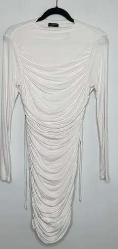 Naked Wardrobe Ruched Long Sleeve Open Back Mini Dress in Cream