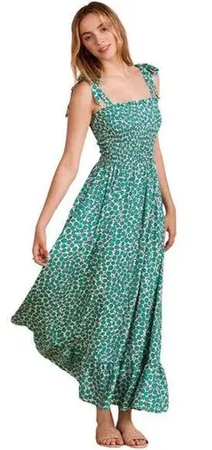 Summersalt Silky Luxe Smocked Maxi Dress Womens Medium Green Printed Bows Ruffle