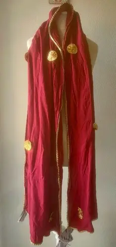 Elegant Red Velvet Shawl with Gold Lace Accents Women's Wrap