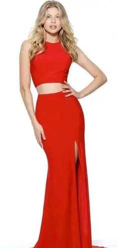 Sherri Hill Two Piece Halter High Slit Red Prom Dress