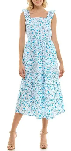 Draper James Cotton Poplin Ruffle Sleeve Sundress Blue White Paisley Size Small