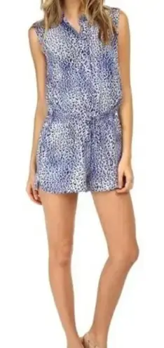 Rebecca Taylor Leo Fever Romper Women's 6 Silk Blue White Leopard Sleeveless