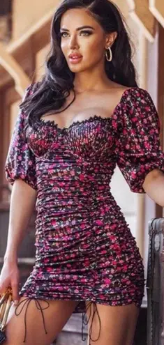 For Love and Lemons Melrose Mini Dress Small Floral Puff Sleeve Ruched Fairy Black