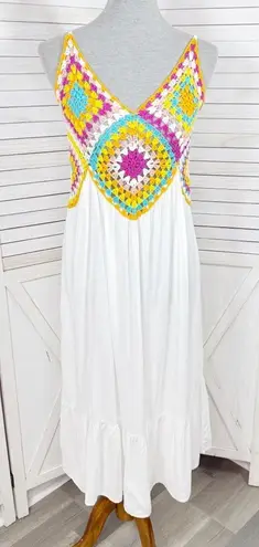 Raviya Crochet Bodice Top Tiered Boho Midi Dress Cover Up White Multi Medium