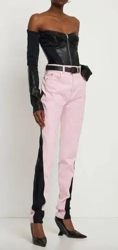 MUGLER Two Tone Twist Panel High Rise Denim Stretch Jeans Pink Black FR 40 US 8