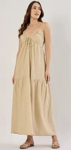 Sim & Sam Tan Linen Blend Tiered Maxi Sundress Tie Front Spaghetti Straps Small