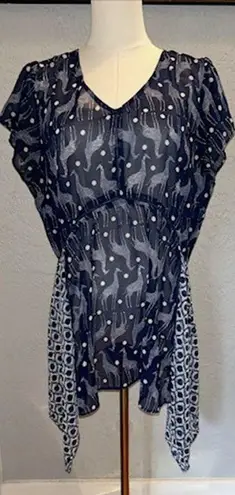 New Directions M Women's Giraffe Print Top Shabby Chic Sheer Coquette Artsy Blue Size M