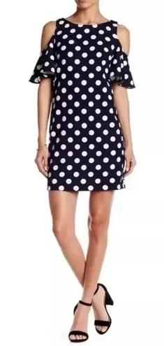 Eliza J Cold Shoulder Pinup Rockabilly Polka Dots Dress Navy Size 8 Medium M