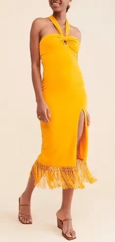 Saylor Women’s Jynx Fringe Halter Neck Mango Yellow Knit Midi Dress Sz S
