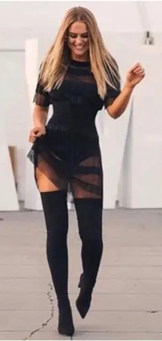 Tony Bianco Dimity Thigh High Stretch Boots Size 8 Black Pointed Toe Block Heel