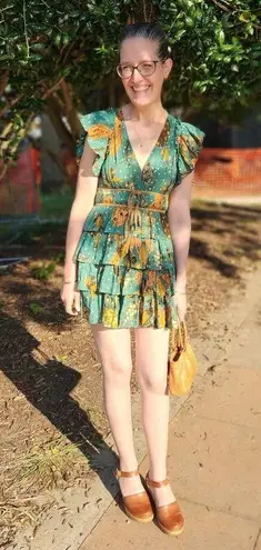 Ulla Johnson Marni Green Floral Ruffle Sleeves Tie Hourglass Mini Dress Size 14