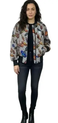 Carol Horn Vintage 100% Silk Feather Print Bomber Jacket M Retro Artwear Black Size M