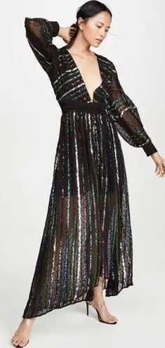 Rococo Sand • Sequin Striped Gown black chiffon rainbow swiss dot balloon sleeve Size XS