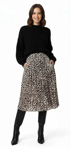 Sadie & Love Leopard Print Midi Skirt Animal Print Elastic Waist Size L Mobwife Tan Size L