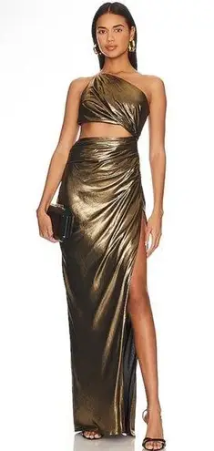 NEW NWT The Sei X Revolve One Shoulder Cutout Maxi Gown In Gold Lame Size 2
