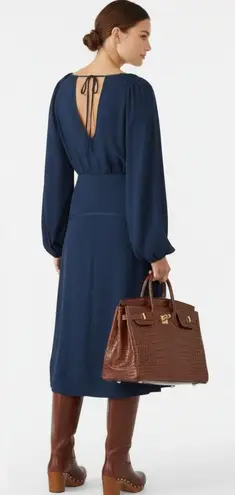 Fame and Partners Navy Hanne Midi Dress Bishop Balloon Sleeves Low V-Back Size 2