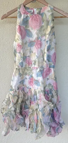 Vintage Gillian Silk Floral Ruffle Mini Dress Size 2 Pastel Fairy Garden Party