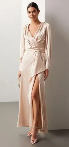 Mac Duggal Champagne Gold Long Sleeve Faux Wrap Slit Satin Evening Gown Size 12