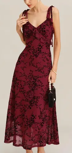 Rihoas Red Floral Ruffle Slip Midi Dress Size L