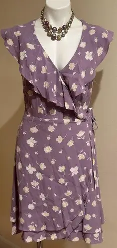 Sanctuary Purple White Yellow Wrap Tie On Side. Dress Short Flutter Sleeves Sz S