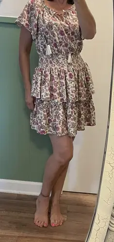 Patrons of Peace Boho Floral Tiered Mini Dress Smocked Waist Ruffle Hem