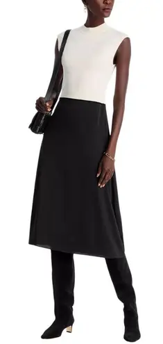Hugo Boss Ferdola Mixed Media Midi Dress Women's XS Ivory Black Career Chic NWOT