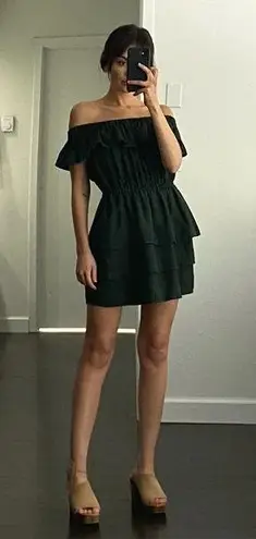 SIR The Label / Revolve Stefi Linen Off Shoulder Ruffle Mini Dress in Dark Olive